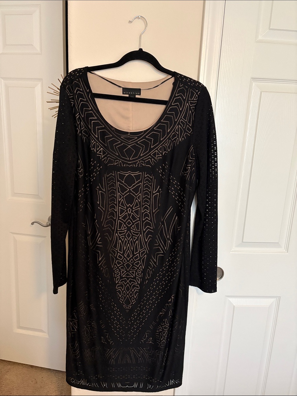 Black Long Sleeve Sheath Dress with Geometric Cutout Detail